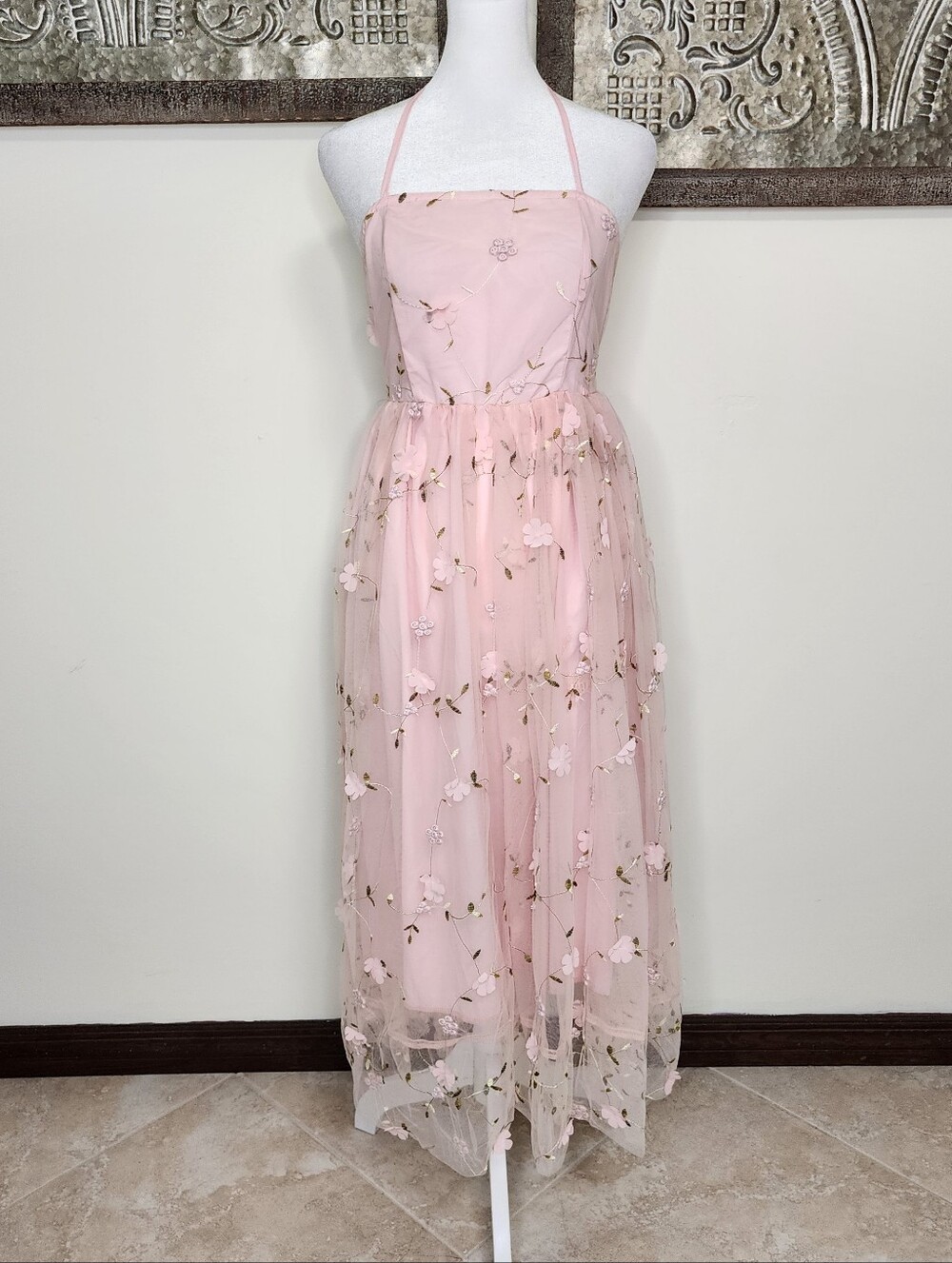 Pink Floral Embroidered Tulle Halter Dress Small Ethereal Fairycore Whimsical